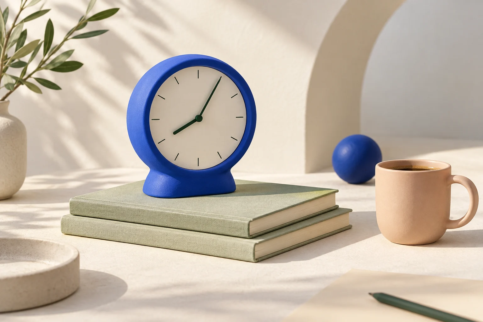 Illustratie van een blauwe klok en koffie in het ochtendlicht