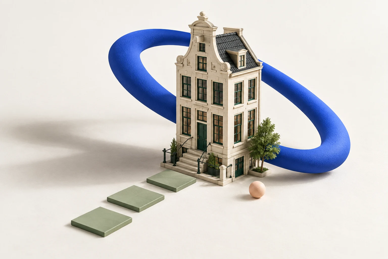 Conceptuele illustratie van een Amsterdams kantoor binnen een blauwe ring
